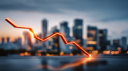A dynamic image depicting a downward trend in finance with an orange arrow against a blurred city skyline, illustrating market decline and economic challenges.の素材