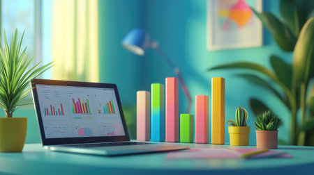 A vibrant office workspace showcasing a laptop with colorful charts and graphs, surrounded by potted plants, ideal for conveying creativity and productivity.の素材
