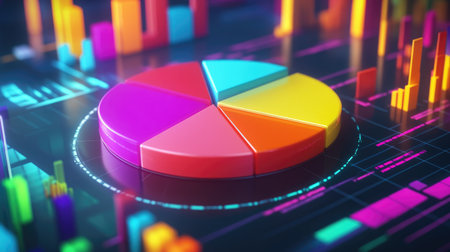 Vibrant pie chart surrounded by colorful data bars, showcasing modern data visualization techniques. Perfect for business, finance, and marketing presentations.の素材