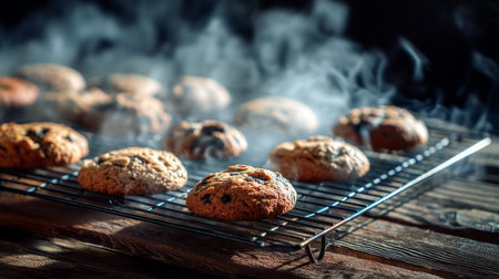 Freshly baked cookies exude warmth and delight, arranged on a cooling rack with steam wafting in the air. Perfect for any kitchen and inviting treat.の素材