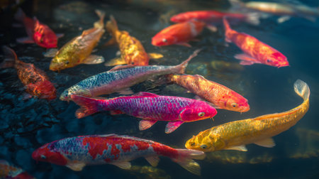 Vibrant koi fish glide gracefully through the clear water of a tranquil pond, surrounded by nature's beauty. Their bright colors create a serene atmosphere ideal for relaxation.の素材