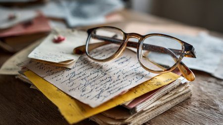 A vintage pair of glasses rests atop a colorful collection of handwritten letters, evoking a sense of nostalgia and personal stories in a cozy setting.の素材