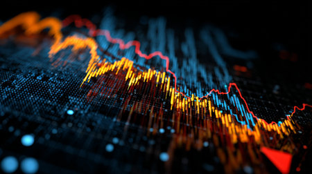 Visual representation of financial data showcasing vibrant line graphs, illuminated points, and abstract designs against a dark background, emphasizing market trends.の素材