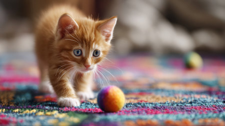 A charming orange kitten investigates a colorful carpet, captivated by a bright ball. This heartwarming scene captures the essence of feline playfulness and curiosity.の素材