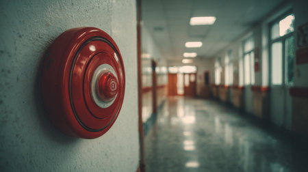 A close-up view of a red alarm button mounted on a wall in a school corridor. The hallway features natural lighting that creates an inviting yet serious atmosphere.の素材