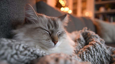 A serene scene of a cat nestled in a soft blanket, showcasing comfort and tranquility in a cozy living room adorned with warm ambient lights.の素材