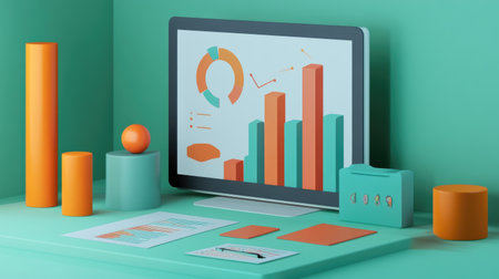 A vibrant workspace featuring a computer display with colorful graphs and geometric elements. Ideal for business, design, and data analysis concepts.の素材