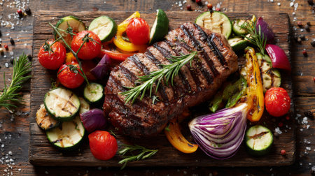 A beautifully arranged grilled steak paired with fresh vegetables on a rustic wooden board, creating a vibrant and appetizing presentation perfect for any meal.の素材