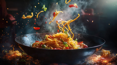 A dynamic image of noodles being tossed in a hot pan, surrounded by colorful vegetables and steam, showcasing the art of cooking and food preparation.の素材
