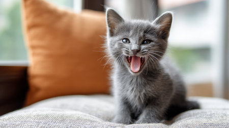 A delightful grey kitten with bright eyes and a playful demeanor sits on a soft sofa, showcasing a joyful expression as it meows. Perfect for animal lovers.の素材