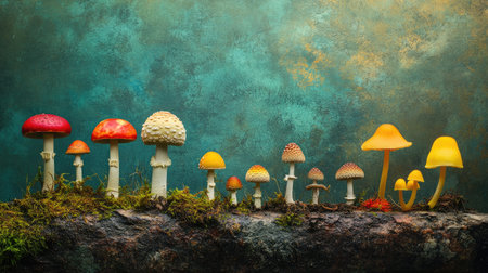 A vibrant array of colorful mushrooms on a mossy surface, showcasing unique shapes and textures against an artistic background, perfect for nature themes.の素材