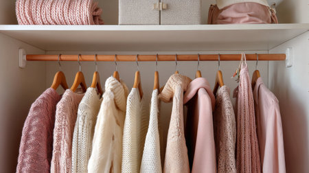 This image showcases a beautifully organized closet with an array of soft knit sweaters and scarves in pastel shades, promoting a cozy and stylish atmosphere.の素材