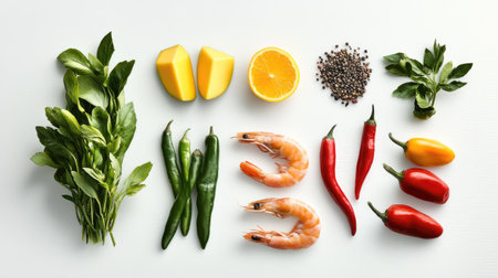 A vibrant display of fresh ingredients including shrimp, herbs, and colorful vegetables. Perfect for culinary inspiration and healthy cooking.の素材