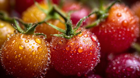Close-up image of fresh cherry tomatoes featuring vibrant red and yellow colors adorned with water droplets, showcasing their natural beauty and freshness.の素材