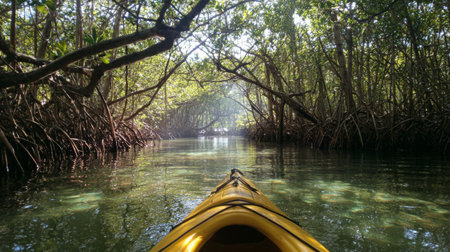 Experience the beauty of kayaking through a serene mangrove forest, where sunlight filters through lush greenery, creating a tranquil escape into nature.の素材