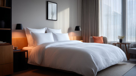 This image showcases a cozy and modern bedroom featuring soft bedding, elegant decor, and beautiful natural light, creating an inviting atmosphere for relaxation.の素材
