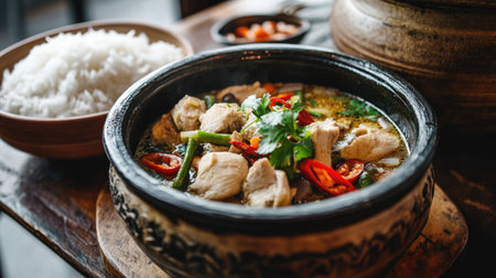 Enjoy a flavorful chicken dish served with steamed rice, vibrant vegetables, and aromatic herbs, perfect for a comforting meal or a special occasion.の素材