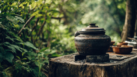 A beautifully crafted vintage clay pot sits on a rustic wooden table, surrounded by vibrant green foliage, creating a peaceful ambiance that highlights nature's beauty.の素材