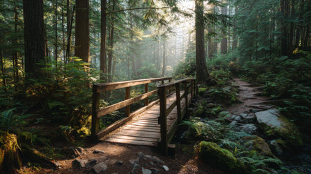 Discover a picturesque scene featuring a wooden bridge over a forest path, illuminated by gentle morning light and surrounded by vibrant greenery and serene nature.の素材