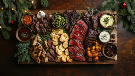 A beautifully arranged holiday feast featuring an assortment of succulent meats, flavorful sides, and fresh herbs, perfect for festive gatherings.の素材