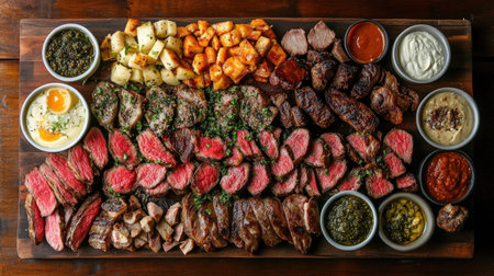An impressive gourmet meat platter featuring various cuts of grilled steak, roasted potatoes, and flavorful sides, perfect for sharing at gatherings or events.の素材