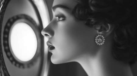 A striking black and white portrait of a woman showcasing elegant vintage jewelry. The profile reflects charm and sophistication with a soft, artistic atmosphere.の素材