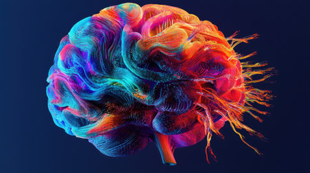 A vibrant and colorful abstract representation of a brain, showcasing dynamic patterns and energetic designs. Perfect for concepts in science and creativity.の素材