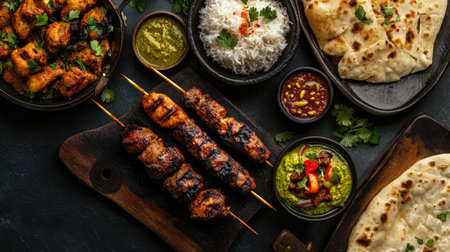 Indulge in a vibrant display of Indian cuisine featuring grilled kebabs, fragrant rice, soft naan, and an array of flavorful dips and sauces.の素材