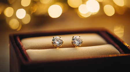 A pair of elegant diamond earrings displayed in a luxurious box, softly illuminated against a festive background. Perfect for gifts and special occasions.の素材