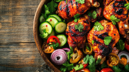 A vibrant platter of grilled chicken surrounded by fresh vegetables including cucumbers, tomatoes, and herbs, perfect for summer meals or gatherings.の素材