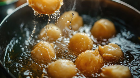 Capture the essence of cooking with this image of round dumplings frying in hot oil. The bubbling surface adds an enticing visual to this delicious process.の素材