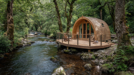 A charming wooden cabin sits gracefully beside a clear stream, embraced by lush foliage, creating a perfect setting for relaxation and nature immersion.の素材