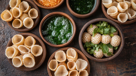 Discover a vibrant assortment of traditional Indian snacks, featuring crispy bowls and flavorful dips, perfect for culinary enthusiasts and food lovers.の素材