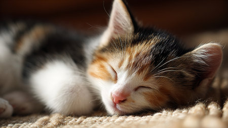 A cute calico kitten sleeps peacefully on a soft blanket, basking in gentle light. This serene moment captures the essence of relaxation and comfort in a cozy setting.の素材