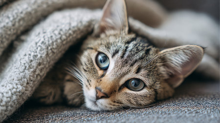 A serene cat peacefully snuggles under a soft blanket on a couch, showcasing its striking blue eyes. This cozy domestic scene captures the essence of comfort and tranquility.の素材