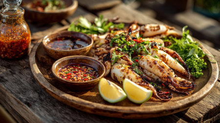 A beautifully arranged platter of grilled squid garnished with fresh herbs, accompanied by rich chili sauces and slices of lemon, perfect for any seafood lover.の素材