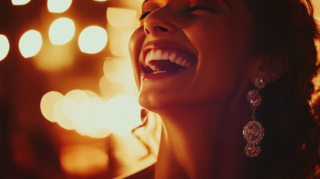 A close-up portrait of a joyful woman smiling brightly in warm light. Her elegant earrings shimmer as she expresses happiness in a vibrant atmosphere.の素材