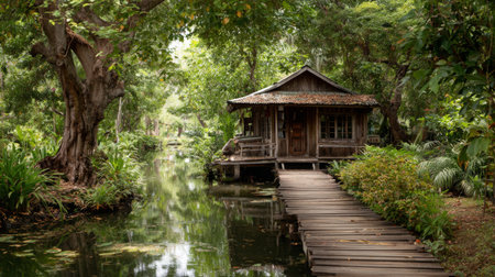 Explore a serene wooden house alongside a calm waterway, embraced by lush greenery and tranquil nature, perfect for relaxation and a peaceful retreat.の素材