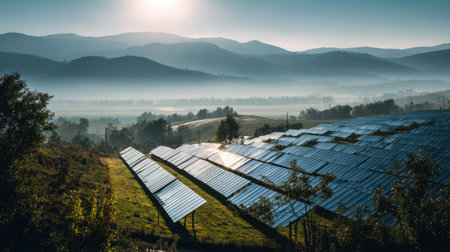 Captivating view of solar panels on green hills, complemented by misty mountains at sunrise. This serene landscape highlights renewable energy and nature's harmony.の素材