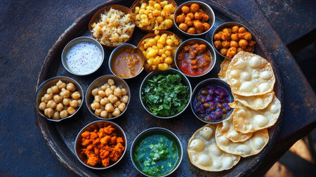 A delightful Indian snack platter featuring an assortment of vibrant dishes. This colorful presentation includes chickpeas, lentils, spices, and chutneys, perfect for sharing.の素材