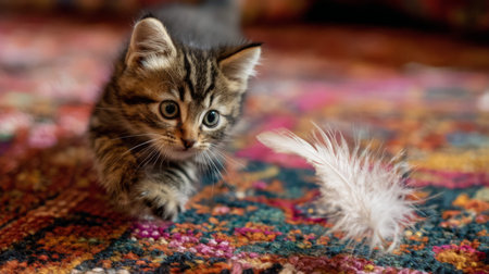 A curious little kitten excitedly chases a feather toy across a beautifully patterned rug, showcasing its playful nature and the joy of indoor exploration.の素材