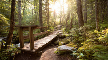 Explore a tranquil forest scene featuring a wooden bridge over a charming path, illuminated by soft sunlight filtering through vibrant greenery. Perfect for nature lovers.の素材