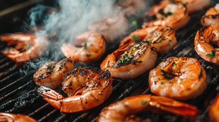 Juicy grilled shrimp sizzling on the barbecue, infused with smoky flavor and garnished with herbs, perfect for outdoor dining and seafood lovers.の素材