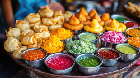 Discover a vibrant assortment of Indian street food featuring savory snacks and colorful sauces, perfect for culinary enthusiasts and food lovers.の素材