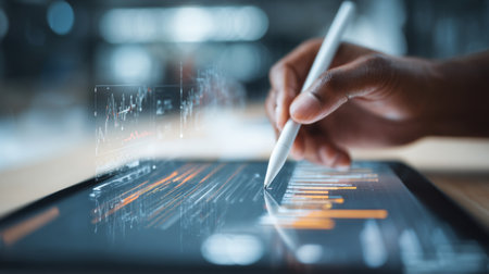 A close-up view showing a person using a digital tablet with business graphs and data visualizations, representing modern technology in a professional office setting.の素材