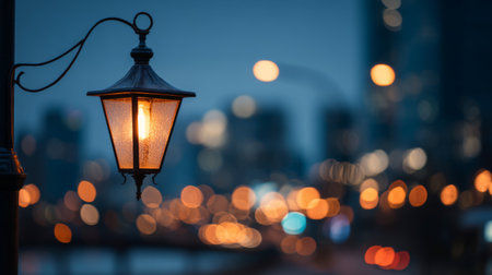 A charming vintage street lamp casts a warm glow in a bustling city, creating an enchanting scene with blurred bokeh lights that evoke a sense of tranquility and beauty.の素材