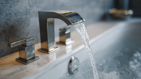 This image captures a modern bathroom faucet elegantly pouring water, illustrating a luxurious and serene space perfect for relaxation and comfort.の素材