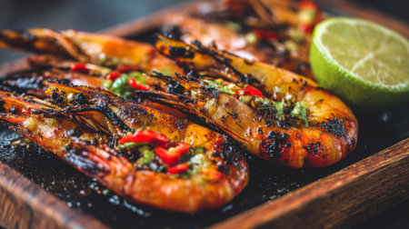 Juicy grilled shrimp with a smoky flavor, adorned with fresh herbs and zesty lime. A vibrant dish ideal for seafood lovers and culinary enthusiasts alike.の素材