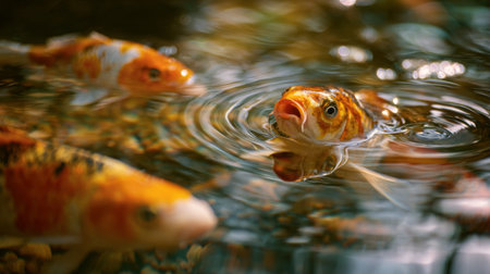 A captivating scene featuring colorful koi fish swimming in a serene pond, surrounded by clear water and ripples, showcasing the natural beauty of aquatic life.の素材