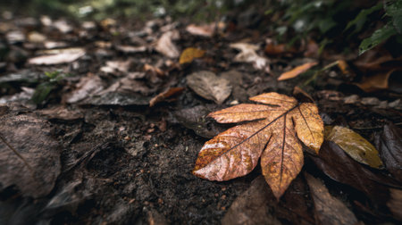 A close-up view of vibrant autumn leaves scattered on the ground, showcasing the intricate textures and colors that represent the beauty of the fall season.の素材